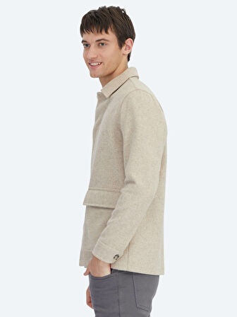 Bej Oversize Fit Dokuma Yün Karışımlı Overshırt