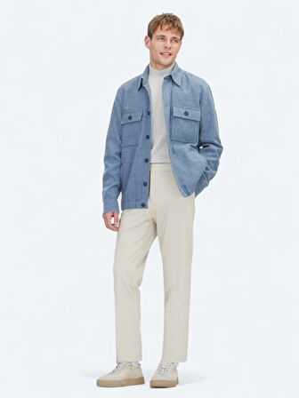 Mavi Düz Regular Fit Dokuma Yün Karışımlı Overshırt