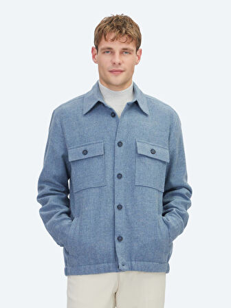 Mavi Düz Regular Fit Dokuma Yün Karışımlı Overshırt