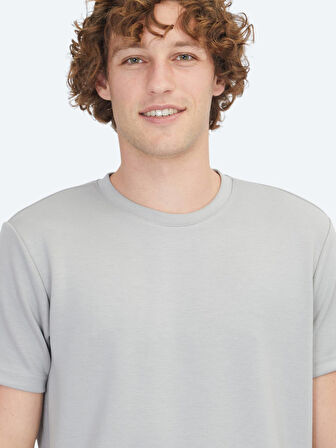 Gri Düz Bisiklet Yaka T-Shirt