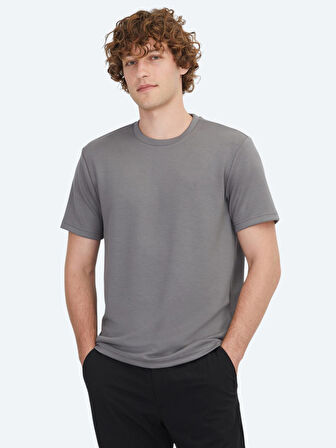 Antrasit Düz Bisiklet Yaka T-Shirt