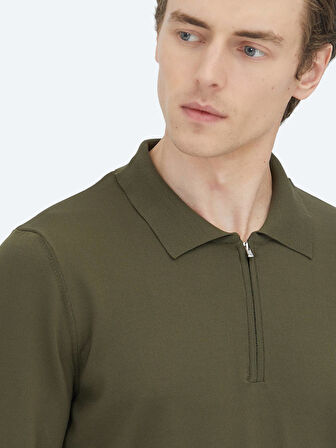 Haki Polo Yaka Düz Örgü Triko Kazak