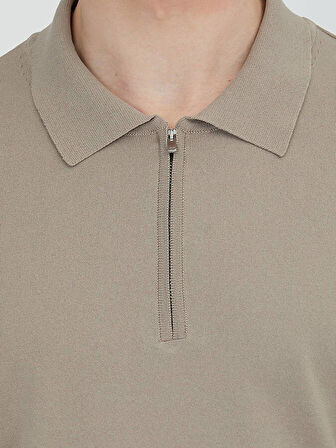 Açık Vizon Polo Yaka Düz Örgü Triko Kazak