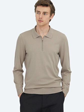 Açık Vizon Polo Yaka Düz Örgü Triko Kazak