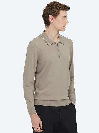 Açık Vizon Polo Yaka Düz Örgü Triko Kazak