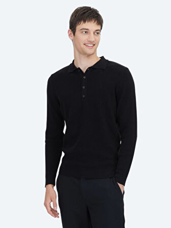 Siyah Polo Yaka Düz Örgü Pamuk Karışımlı Triko Kazak