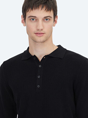 Siyah Polo Yaka Düz Örgü Pamuk Karışımlı Triko Kazak