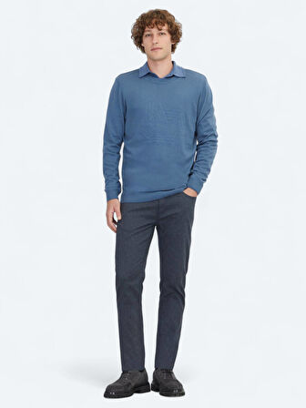 Havacı Mavi Bisiklet Yaka Desenli Pamuk Karışımlı Triko Kazak