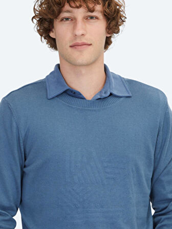 Havacı Mavi Bisiklet Yaka Desenli Pamuk Karışımlı Triko Kazak