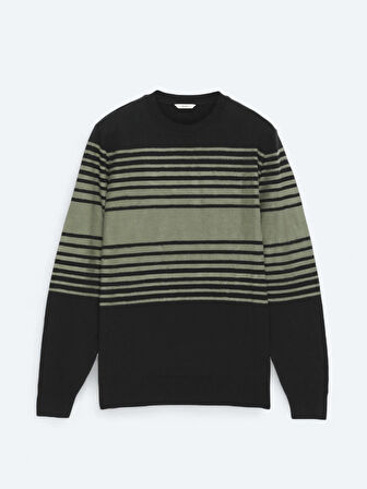 Siyah Bisiklet Yaka Desenli Pamuk Karışımlı Triko Kazak