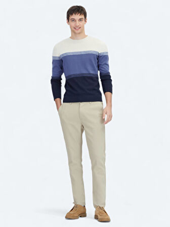 Lacivert Bisiklet Yaka Jakarlı Pamuk Karışımlı Triko Kazak