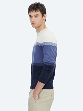 Lacivert Bisiklet Yaka Jakarlı Pamuk Karışımlı Triko Kazak