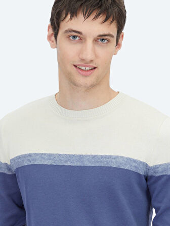 Lacivert Bisiklet Yaka Jakarlı Pamuk Karışımlı Triko Kazak