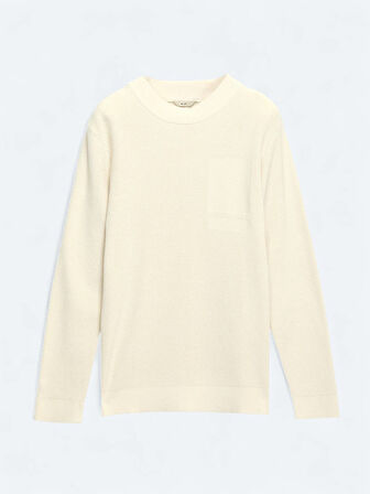 Ekru Bisiklet Yaka Jakarlı Triko Kazak