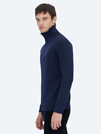 Lacivert Polo Yaka Jakarlı Triko Kazak