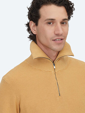 Safran Polo Yaka Jakarlı Triko Kazak