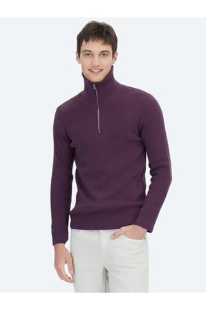Mürdüm Polo Yaka Jakarlı Triko Kazak