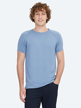 Havacı Mavi Bisiklet Yaka Jakarlı Triko