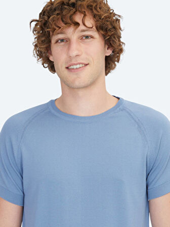 Havacı Mavi Bisiklet Yaka Jakarlı Triko