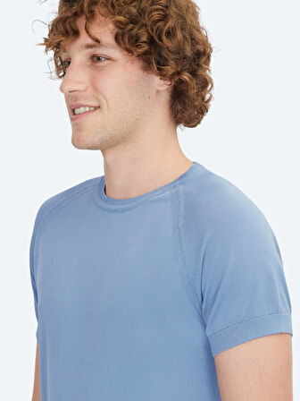 Havacı Mavi Bisiklet Yaka Jakarlı Triko