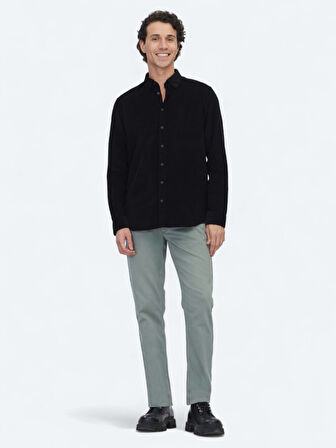 Siyah Çizgili Regular Fit Dokuma Kadife Casual %100 Pamuk Gömlek