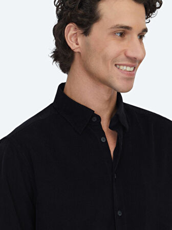 Siyah Çizgili Regular Fit Dokuma Kadife Casual %100 Pamuk Gömlek