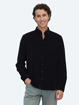 Siyah Çizgili Regular Fit Dokuma Kadife Casual %100 Pamuk Gömlek