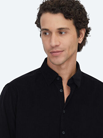 Siyah Çizgili Regular Fit Dokuma Kadife Casual %100 Pamuk Gömlek