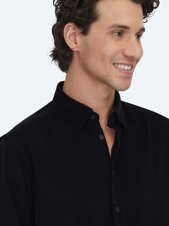 Siyah Çizgili Regular Fit Dokuma Kadife Casual %100 Pamuk Gömlek