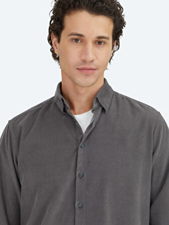 Gri Çizgili Regular Fit Dokuma Kadife Casual %100 Pamuk Gömlek