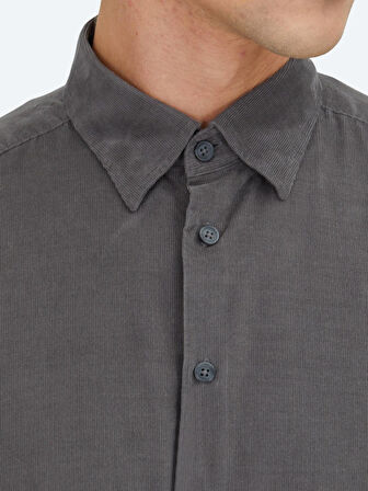 Gri Çizgili Regular Fit Dokuma Kadife Casual %100 Pamuk Gömlek