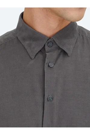 Gri Çizgili Regular Fit Dokuma Kadife Casual %100 Pamuk Gömlek
