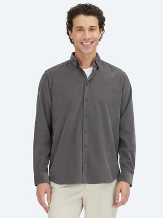Gri Çizgili Regular Fit Dokuma Kadife Casual %100 Pamuk Gömlek