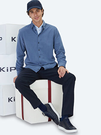 Mavi Çizgili Regular Fit Dokuma Kadife Casual %100 Pamuk Gömlek