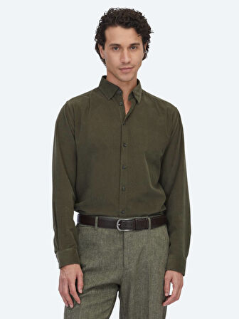 Haki Çizgili Regular Fit Dokuma Kadife Casual %100 Pamuk Gömlek