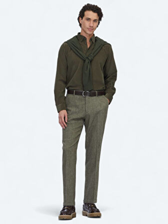 Haki Çizgili Regular Fit Dokuma Kadife Casual %100 Pamuk Gömlek