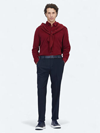 Kırmızı Çizgili Regular Fit Dokuma Kadife Casual %100 Pamuk Gömlek