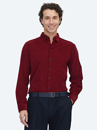 Kırmızı Çizgili Regular Fit Dokuma Kadife Casual %100 Pamuk Gömlek