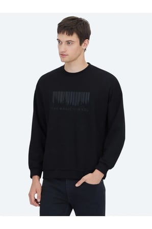 Siyah Bisiklet Yaka Baskılı Sweatshırt