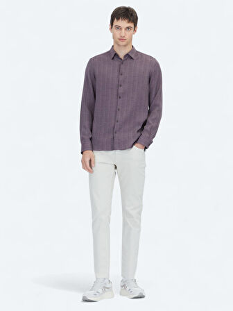 Mürdüm Çizgili Regular Fit Dokuma Casual Gömlek