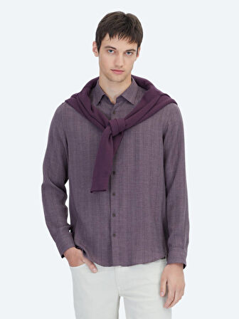 Mürdüm Çizgili Regular Fit Dokuma Casual Gömlek