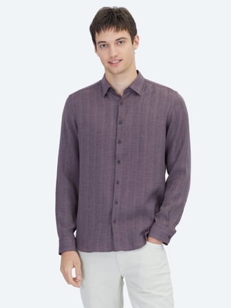 Mürdüm Çizgili Regular Fit Dokuma Casual Gömlek