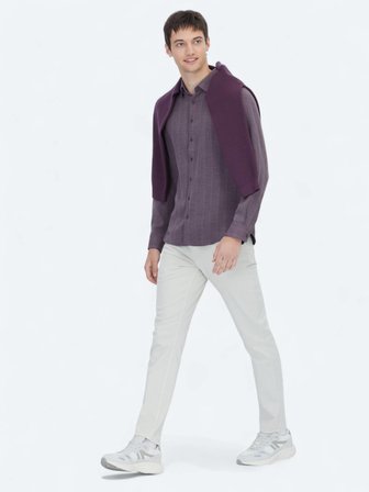Mürdüm Çizgili Regular Fit Dokuma Casual Gömlek