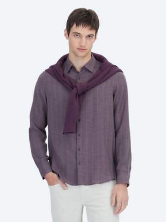 Mürdüm Çizgili Regular Fit Dokuma Casual Gömlek