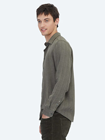 Haki Çizgili Regular Fit Dokuma Casual Gömlek