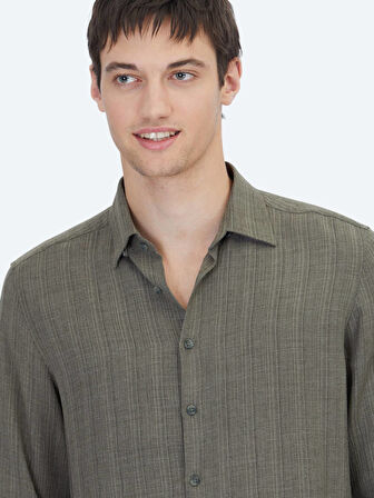 Haki Çizgili Regular Fit Dokuma Casual Gömlek