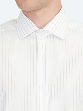 Bej Regular Fit Dokuma Klasik %100 Pamuk Gömlek