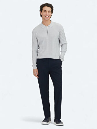 Açık Gri Polo Yaka Jakarlı Yün Karışımlı Triko Kazak