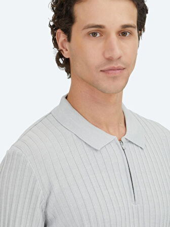 Açık Gri Polo Yaka Jakarlı Yün Karışımlı Triko Kazak