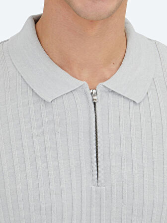 Açık Gri Polo Yaka Jakarlı Yün Karışımlı Triko Kazak